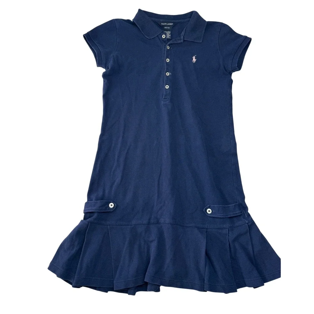Ralph Lauren Girls Navy Blue Cotton Pleated Polo Shirt Dress Size M 8-10